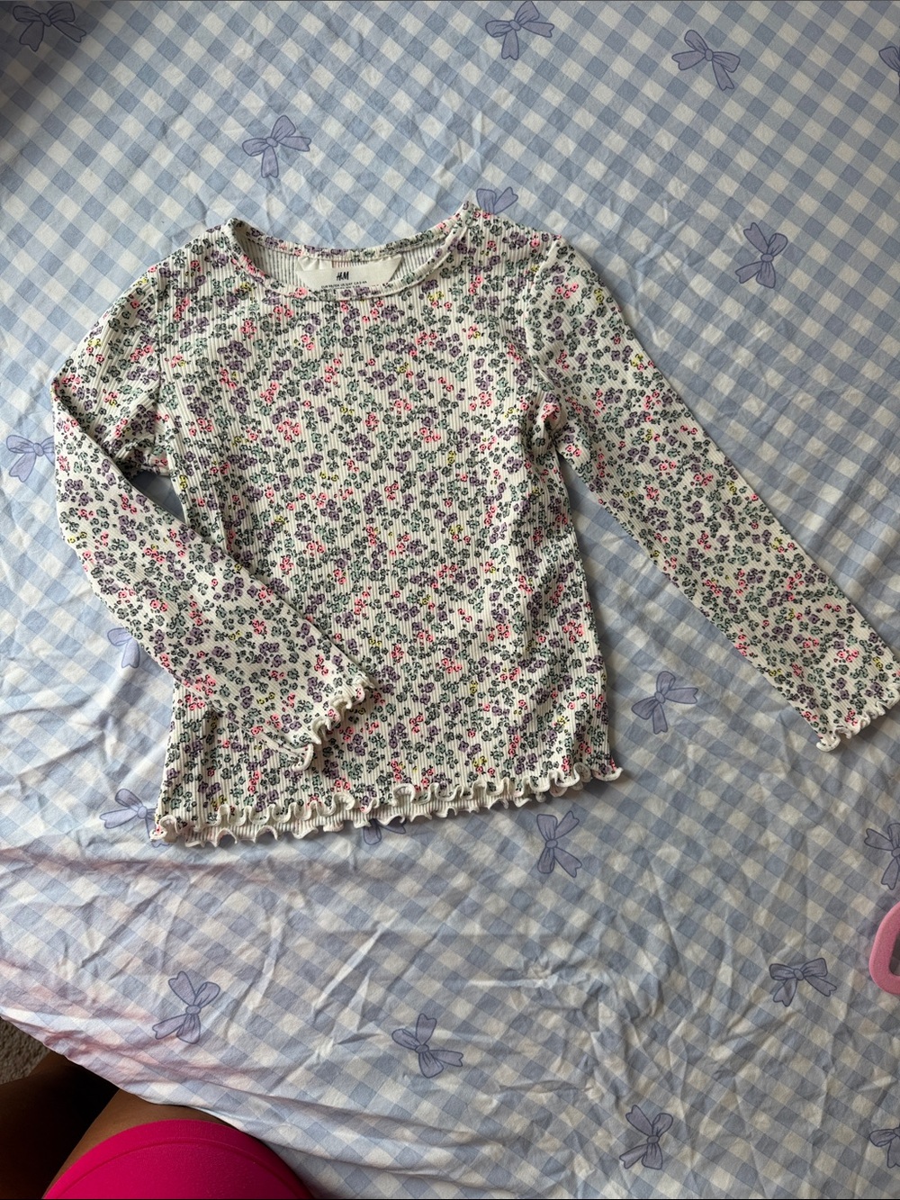H&M White Ribbed Long-Sleeve Tee with Pink & Purple Floral Print